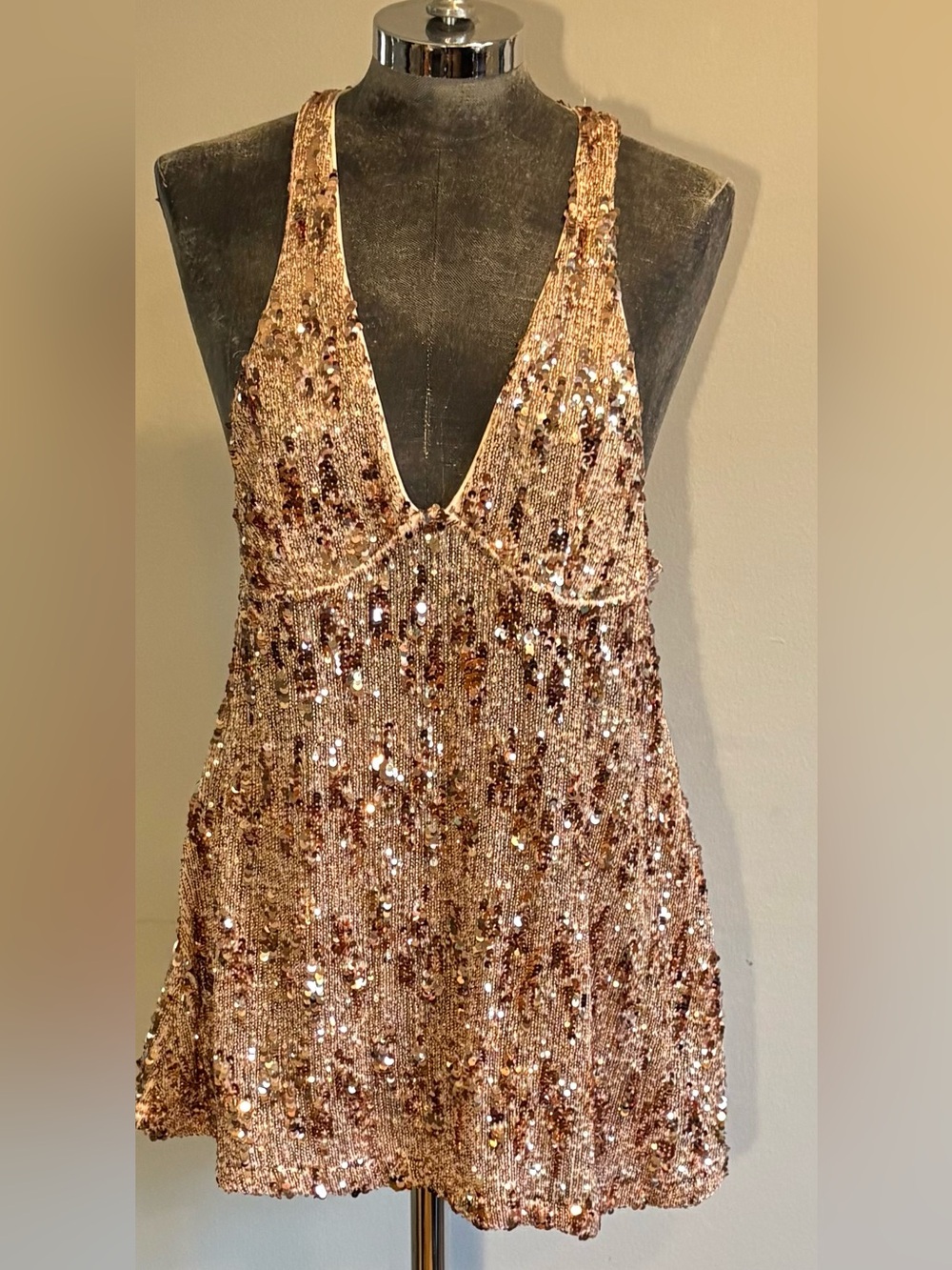 Free People Bejeweled Mini Slip/ Sequined Dress Rose Gold Deep V neck